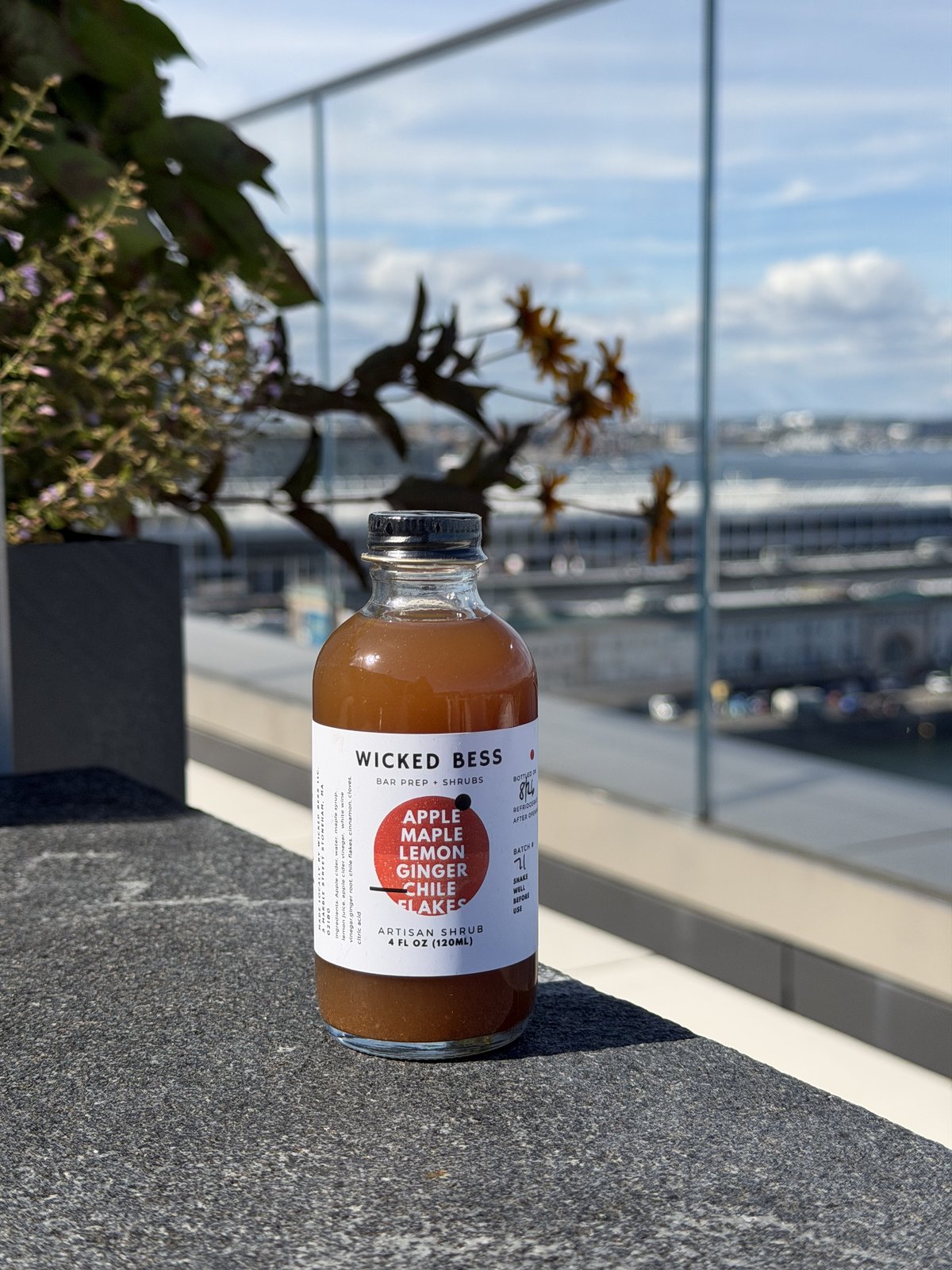 Wicked Bess Apple Maple Lemon Ginger Chile shrub bottle on a rooftop overlooking Boston Harbor