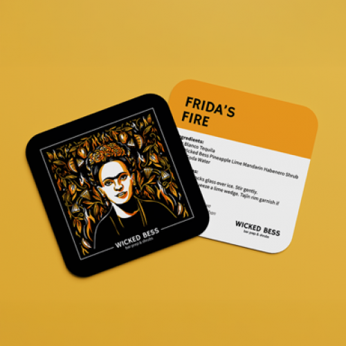 Wicked Bess "Frida's Fire" cork coaster by Victoria Gordon, shown with its shrub recipe back